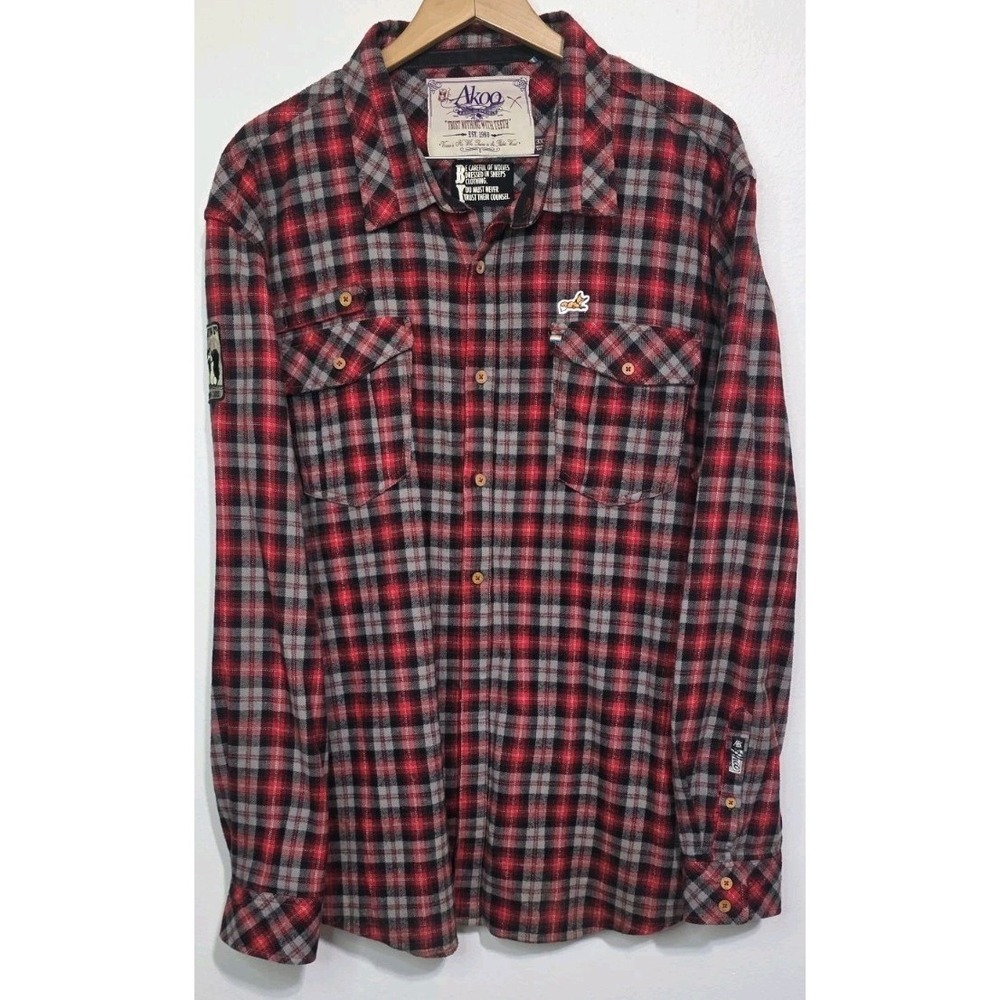 NEW AKOO Men‎ 3XL Red Plaid Long Sleeve Flannel Shirt Patches Moto Biker Hunt